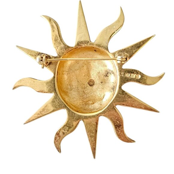 Alva Museum Gold Tone Sun Face Brooch Repousse, Domed Smile Face Pin, Signed - Picture 4 of 7
